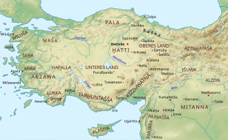 Carte centrée sur la Turquie indiquant le nom des anciens royaumes hittites