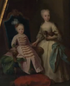 Retrato de uma criança pequena sentada (Princípe Pedro) com uma menina mais velha ao seu lado (Infanta Maria Bárbara)