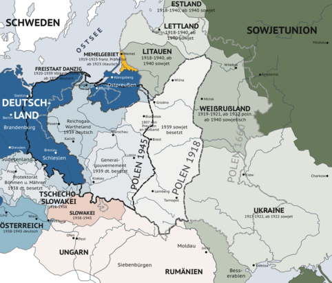 An illustration of the changing borders in Eastern Europe before, during, and after World War II (Map is written in German.)