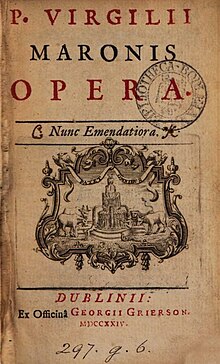 Title page of Constantia Grierson's edition of Publius Virgilius Maro, P.V.M. opera. Nunc emendatiora (Dublin: G. Grierson, 1724) (Google Play)