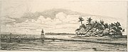 A drawing of a small island with fisherman on the bank