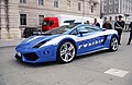 A Lamborghini Gallardo of the Polizia di Stato, used for emergency intervention and transport of organs, parked in Piazza Unità d'Italia in Trieste