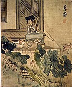 Une femme au jardin de lotus (Gisaeng tenant un saenghwang et une pipe). H 29cm. Sin Yun-bok (v.1758-ap.1813). Musée national de Corée