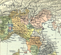 Naord-Italië in 1494; hertigdóm Modena en Reggio in 't gael.