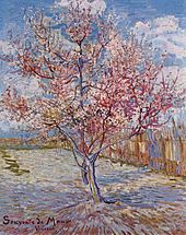 "a dug-over patch of ground in an orchard, a wicker fence and two peach trees in full bloom, pink against a sparkling blue sky with white clouds and in sunshine" [Van Gogh letter 590 VGM] to the bottom left there is an inscription 'souvenir de Mauve'