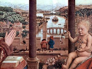 Supuestos molinos flotantes en el paisaje fluvial que centra el óleo flamenco conocido como Madonna del Canciller Rolin, obra de Jan van Eyck en 1435.