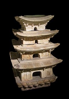 Ceramic pagoda with lotus, bodhi leaf, dancer decoration, Hanoi (Lý dynasty, 11th-13th century).