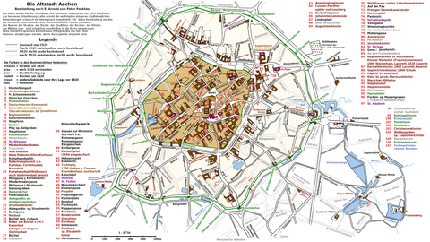 Aachener Altstadt mit ihrem inneren (dunkles Ocker) und äußeren (helles Ocker) Stadtkern und den zwei mittelalterlichen Mauerringen (grün)