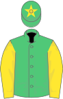 Emerald green,yellow sleeves,green cap,yellow star