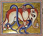 アジアゾウに巻きつくドラゴン。動物寓意譚を集めた1200年頃の装飾写本『アバディーン動物寓意集(en:Aberdeen Bestiary)』のための挿絵。アバディーン大学図書館所蔵。写本番号24 フォリオ65v。1200年頃の作。