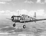 Cliché noir et blanc. Avion à hélice unique. Étoile de l'US Air Force numéroté 257. Verrière pour deux pilotes en ligne. Train d'atterrissage fixe.