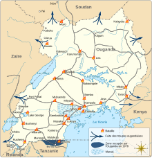 Carte de l'Ouganda montrant les différents lieux des batailles de la guerre ougando-tanzanienne.