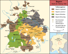 Hertigdömet Bayerns utsträckning efter dess delning 1392.