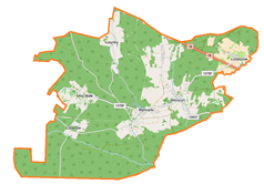 Mapa konturowa gminy Wymiarki, blisko centrum na prawo znajduje się punkt z opisem „Witoszyn”