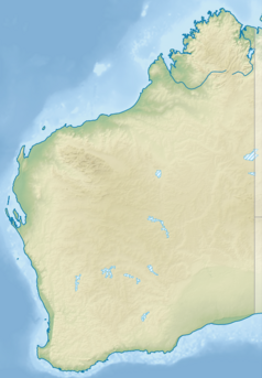 Mapa konturowa Australii Zachodniej, blisko lewej krawiędzi znajduje się punkt z opisem „Dirk Hartog”