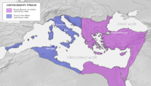 Bizanca imperio dum sia plej granda teritoria kresko dum imperiestro Justiniano la 1-a (ĉirkaŭ jaro 550)