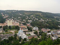 Pohled na město z hradu, vlevo kostel ukrajinské pravoslavné církve Kyjevského patriarchátu (dříve jezuitské lyceum), pod ním kostel ukrajinské pravoslavné církve Moskevského patriarchátu