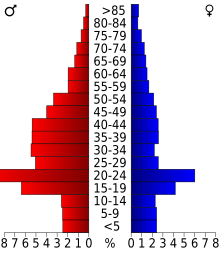 Schéma représentant la population du comté, par tranche d'âge. En rouge, à gauche, les femmes, en bleu à droite, les hommes.