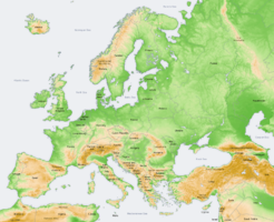 Fyzický povrch Evropy vyjádřený barevnou hypsometrií