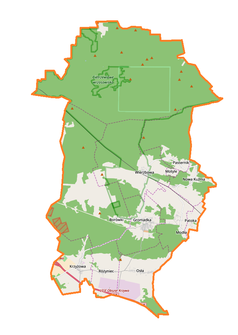 Mapa konturowa gminy Gromadka, po prawej nieco na dole znajduje się punkt z opisem „Pałac w Modle”