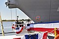 A bottle is smashed against the hull of Jack H. Lucas at the ship's christening ceremony