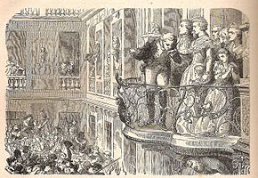 An illustration of Lafayette and the Queen on the balcony with crowds below