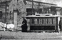 Wagen 20 der Neuen Berliner Pferdebahn-Gesellschaft an der Endstelle Viehhof im Jahr 1885