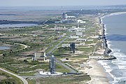 An aerial view of the launch pads of the Mid-Atlantic Regional Spaceport and NASA's Wallops Flight Facility.