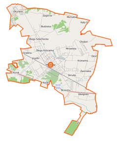 Mapa konturowa gminy Halinów, w centrum znajduje się punkt z opisem „Halinów”