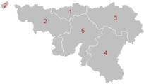 The five provinces of Wallonia: Walloon Brabant (1), Hainaut (2), Liège (3), Luxembourg (4), Namur (5).