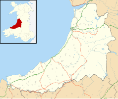 Mapa konturowa Ceredigion, w centrum znajduje się punkt z opisem „Aberaeron”