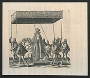 De hertog van Anjou te paard onder een baldakijn tijdens de Blijde Intrede van 1582 (Prentenkabinet Universiteit Antwerpen)