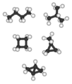 C4 süsivesinikud. Alates ülalt vasakult paremale: C4H10 (butaan ja isobutaan), C4H8 (tsüklobutaan ja metüültsüklopropaan), C4H6 (bitsüklo[1.1.0.]butaan).