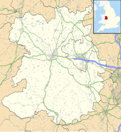 Mapa konturowa Shropshire, blisko centrum na prawo znajduje się punkt z opisem „Ironbridge”