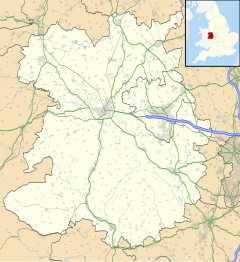 Map of Shropshire, with a red dot showing the position of Shrewsbury