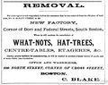 Advertisement for C. Blake, manufacturer of what-nots and hat-trees, 1868