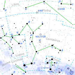 Kuvassa Kentaurin tähdistö. Kohta (E) on Epsilon Centauri