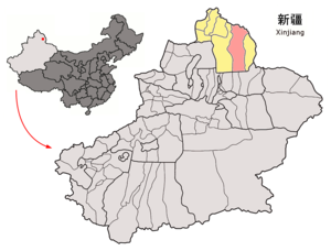 Koktokay İlçesi'nin Sincan Uygur Özerk Bölgesideki konumu (pembe)