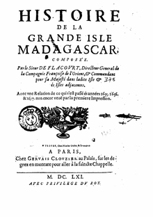 Page de couverture du livre de Flacourt "Histoire de la grande isle Madagascar"