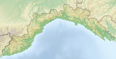 Mapa konturowa Ligurii, blisko centrum u góry znajduje się punkt z opisem „Genua”