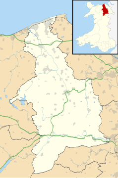 Mapa konturowa Denbighshire, u góry nieco na lewo znajduje się punkt z opisem „Rhuddlan”