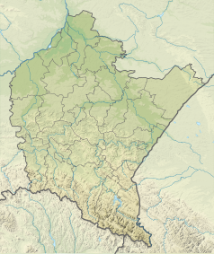 Mapa konturowa województwa podkarpackiego, blisko centrum na lewo znajduje się punkt z opisem „ujście”