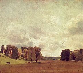 Tableau. Prés, bois, sous un vaste ciel nuageux