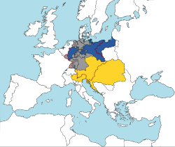 Gabungan Jerman pada tahun 1820. Dua kuasa utama iaitu Empayar Austria (kuning) dan Kerajaan Beraja Prusia (biru) - tidak semuanya berada di dalam sempadan gabungan (merah)