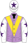 Mauve, yellow chevron, white sleeves, purple stars, white cap, purple star