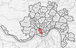 West End (red) within Cincinnati, Ohio.