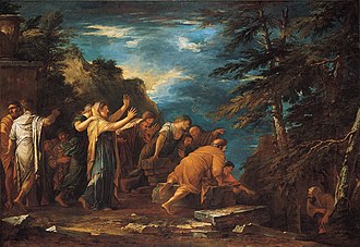 Lukisan minyak yang menggambarkan Pythagoras yang berkerudung keluar dari gua ke dalam hutan sementara kerumunan menyambutnya
