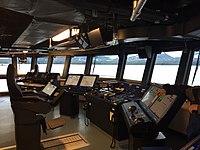 The interior of the bridge of the Research Vessel Sikuliaq, docked in Ketchikan, Alaska