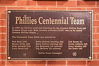 A dark bronze plaque listing the names and positions of members of the Centennial team in gold lettering