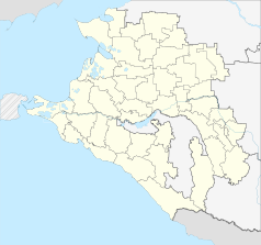 Mapa konturowa Kraju Krasnodarskiego, blisko centrum po lewej na dole znajduje się punkt z opisem „Gelendżyk”